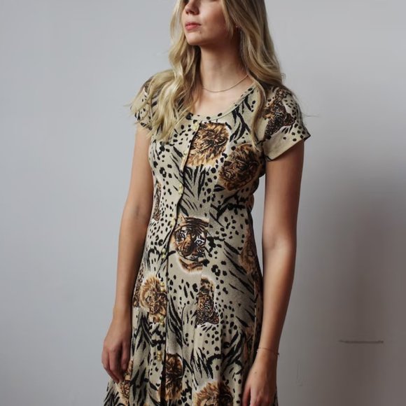Vintage La Fete Ribbed Button Front Midi A-Line Dress with Lion and Tiger Print - Picture 1 of 5